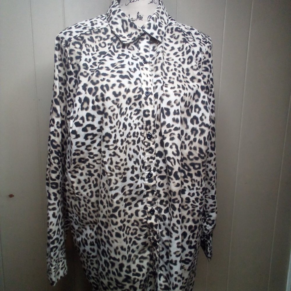 Roaman's Blouse 18W Button Up Long Sleeve Animal Print Brown Black